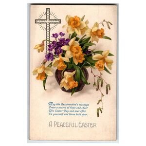 Vintage Easter Postcard Daffodils Violets Cross Religious Floral Greeting